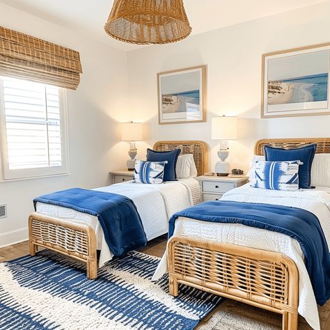 twin woven beds with white and navy bedding with beachy art on the walls