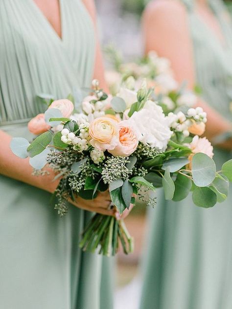 Wedding Flowers With Sage Dresses, Bridesmaid Dresses Peach, Fun Bouquet, Sage Green Bridesmaid Dresses, Peach Wedding Colors, Peach Wedding Bouquet, Sage Green Bridesmaid, Peach Bridesmaid, Peach Bridesmaid Dresses