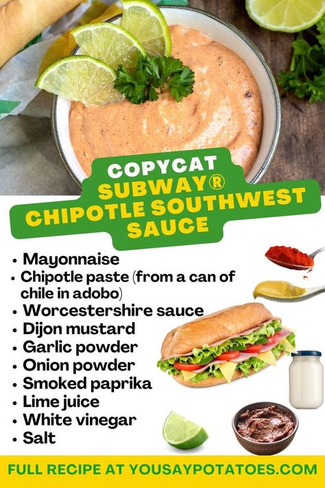 Make this copycat Subway Chipotle Southwest Sauce recipe right at home! Use the bold, spicy, zesty sauce on sandwiches, wings, or salad. It's easy to make in minutes, and tastes just like the real thing! Hot Head Sauce Recipe Copycat, Southwest Sauce Subway, Subway Sandwich Sauce, Chipotle Southwest Sauce Subway, Zesty Sauce Recipe, Foosacklys Sauce Recipe, Subway Baja Chipotle Sauce, Subway Sauces Recipe, Copycat Subway Chipotle Southwest Sauce