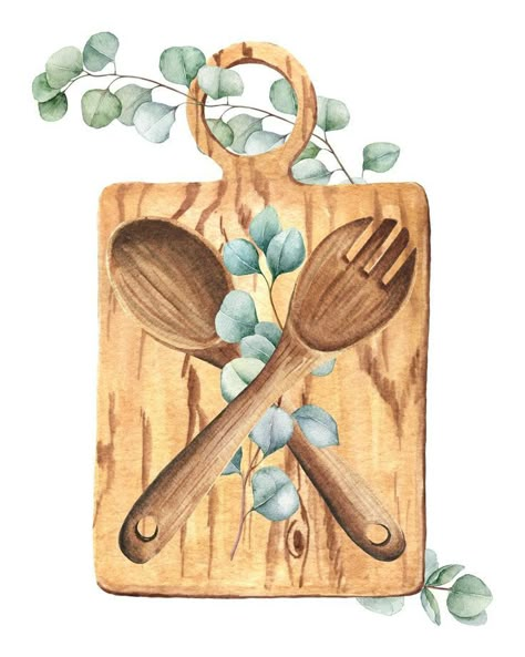 Kitchen Painting Art, Wooden Fork, Kitchen Artwork, Farmhouse Decor Rustic, Fork And Spoon, Free Art Prints, Farmhouse Art, 수채화 그림, Dessin Adorable