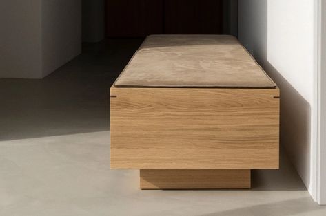 Norm Architects and KOIO design complementing minimalist shoes and oak bench - Yanko Design Modern Wood Bench With Storage, Japanese Sofa With Table, Japanese Bench Design, Japandi Bench With Storage, Japanese Shoe Rack Entrance, Philosophy Of Life, Oak Bench, Bench Ideas, Shoe Bench