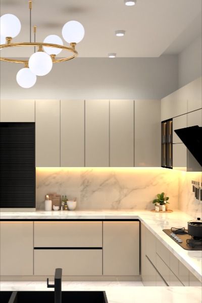 A sleek modular kitchen in champagne color for base and top cabinets. Kitchen Champagne Color, Champagne Kitchen Cabinets, Kitchen Modular Colors, Vanilla Kitchen Cabinets, Champagne Kitchen, Modular Kitchen Ideas, Top Cabinets, Glossy Kitchen, Color Consultation