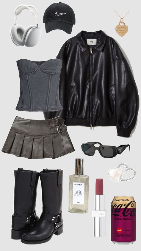 downtown cherry girl Fall Weather, Girls Wear, Capsule Wardrobe, Cherry, Prada, Nike, Wardrobe, Leather, How To Wear