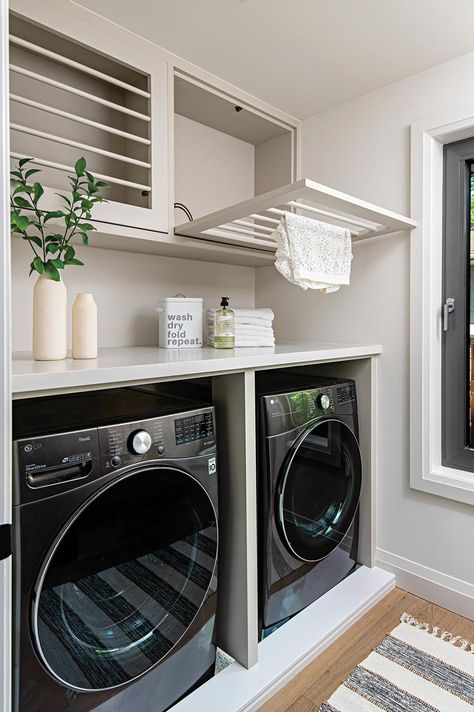 laundry room with built in drying racks Laundry Room Bathroom Combo, Laundry Room Drying Rack, Laundy Room, Pantry Laundry Room, Pantry Laundry, Garage Laundry, Dream Laundry Room, Basement Laundry, Laundry Room Closet