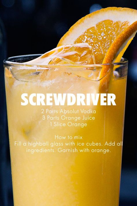 Screwdriver Drink Recipe, Screwdriver Drink, Acholic Drinks, Vodka Mixed Drinks, Orange Juice And Vodka, Orange Vodka, Cocktail Drinks Alcoholic, Orange Cocktails, Mixed Drinks Alcohol