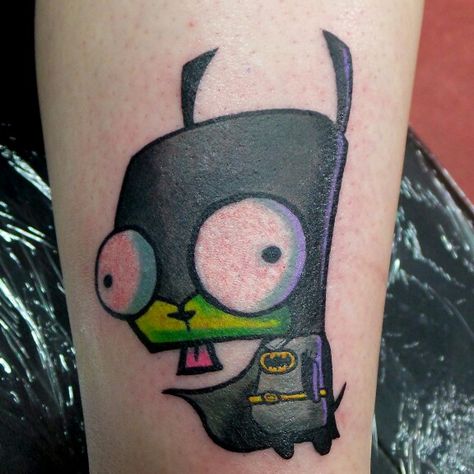 Invader zim batman gir cartoon tattoo by marco aguero mvaguero Gir Invader Zim Tattoo Ideas, Invader Zim Gir Tattoos, Human Gir Invader Zim, Invader Zim Gir Tattoo, Gir Tattoo Invader Zim, Invader Zim Tattoo, Y2k Tattoos, Courage Tattoos, Random Tattoos