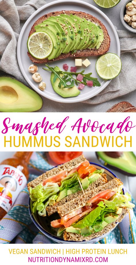 High Protein Hummus, Lunch Ideas High Protein, Avocado Sandwich Vegan, Sandwich With Hummus, Avocado Sandwich Recipes, Vegan Lunch Ideas, High Protein Recipe, Hummus Sandwich, Vegan Sandwich Recipes