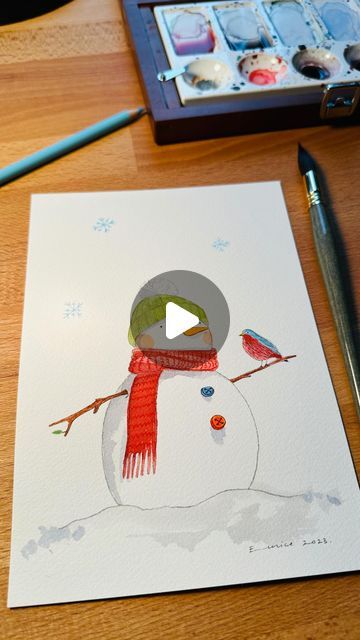 Cute Snowmen Paintings, Snowman Watercolor, Snowman Easy Painting, Snow Man Painting, Watercolor Snowman, Christmas Drawing Ideas Creative, Snowman Looking Up, Snowman Watercolor Christmas Cards, Christmas Drawing Ideas Easy