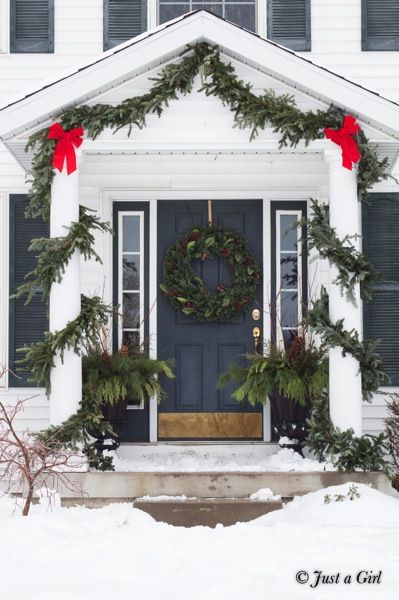 Christmas Porch Decor Columns, Christmas Garland Columns, Christmas Decor Porch Columns, Front Porch Christmas Columns, Front Porch Christmas Decor Columns, Christmas Front Porch With Columns, Christmas Decor Columns Outside, Christmas Portico Decor, Portico Christmas Decorations