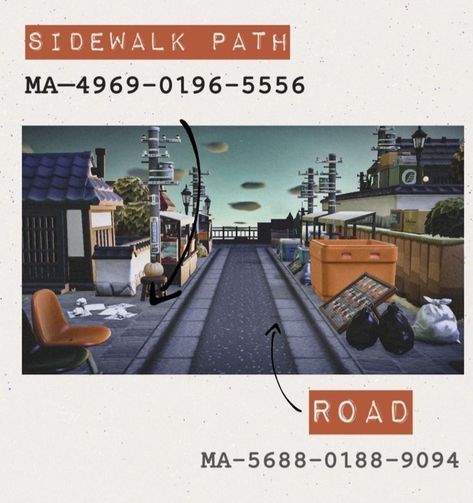 Animal Crossing Road Path Code, Acnh Sidewalk Codes, Acnh Sidewalk, Animal Crossing Road Codes, City Parks Design, Acnh Citycore, Horizon City, Animal Crossing City, Urban Island