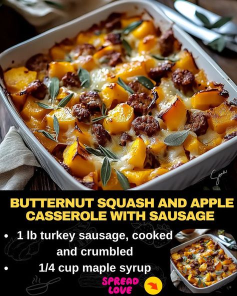 Butternut Squash and Apple Casserole with Sausage Butternut Squash Sausage Recipes, Recipes With Maple Sausage, Apple Casserole, Butternut Squash Sausage, Casserole With Sausage, Beef Tips And Noodles, Butternut Squash Casserole, Butternut Squash Apple, Sausage Ingredients