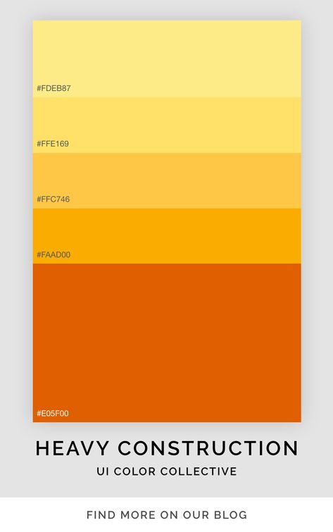 Bright yellow and orange flat ui color palette inspired by machinery on a construction site. Find more on the UI color collective blog. Colour Palette With Yellow, Construction Colour Palette, Construction Color Palette, Maiyan Decor, Orange Yellow Palette, Yellow And Orange Color Palette, Yellow Website Design, Yellow Orange Color Palette, Yellow Branding Design