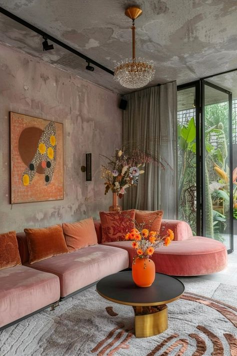 Embracing Pink in Masculine Spaces: A Bold Statement of Equality and Elegance — Living Bright Interiors Colorful Art Deco Living Room, Flamboyant Interior Design, Contrast Colors Interior Design, Modern Interior Design Colorful, Gold Velvet Couch Living Room Ideas, Colorful Sofas Ideas Living Room, Interior Design Palettes, Pink Color Schemes Colour Palettes, Brickwall Interiors Living Room