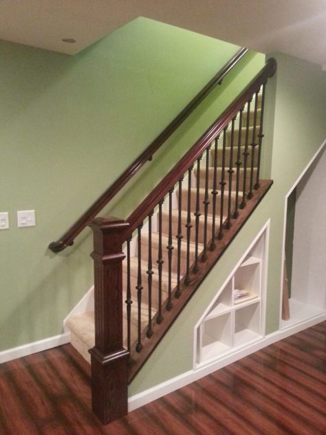 Wood Knee Wall Cap Banister Remodel, Stair Walls, Staircase Railing, Knee Wall, Budget Remodel, Wall Railing, New Staircase, Staircase Remodel, Iron Balusters