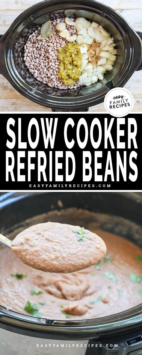 Making Refried Beans from scratch is easier than you think! All you need is a slow cooker, dried pinto beans and a handful of ingredients. This easy crockpot refried beans recipe will cook away all day giving you tons of flavor with zero effort! This recipe feeds a crowd and is a great healthy side dish to add to any Mexican inspired meal. Crock Pot Refried Beans Easy, Crock Pot Refried Beans, Refried Beans From Scratch, Slow Cooker Refried Beans, Refried Beans Recipe Easy, Crockpot Refried Beans, Mexican Refried Beans, Mexican Side Dish, Beans Recipe Crockpot