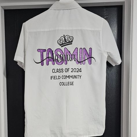 PLEASE NOTE THAT LAST DAY TO ORDER SHIRTS FOR DELIVERY BEFORE 19TH JULY IS 8PM FRIDAY 12TH JULY  This listing is for a School Shirt with child's name, School and class of 2024 designed by my 15 year old daughter  Choice of colour of glitter for name. remainder of vinyl is done in black.  If your preferred colour choice of glitter is not listed please contact me to see if we can source the colour  please note that shirts supplied are from main supermarkets. mainly TU and George.  Delivery We aim School Leavers Shirt, Year 11 Leavers, Leavers Shirt, School Shirt Designs, School Leavers, Beaded Shirt, Year 6, Graduation Shirts, End Of School