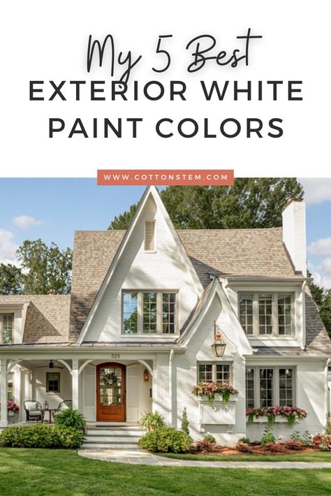 Best Exterior Creamy White Paint, Stucco White Exterior, House Painted White Exterior, White House With Contrast Trim Exterior, Studio Mcgee House Exterior Paint Colors, 4 Color Exterior Paint Schemes, White Exterior Paint Colors For House Modern Farmhouse, White Cream Exterior House, Taupe And White House Exterior