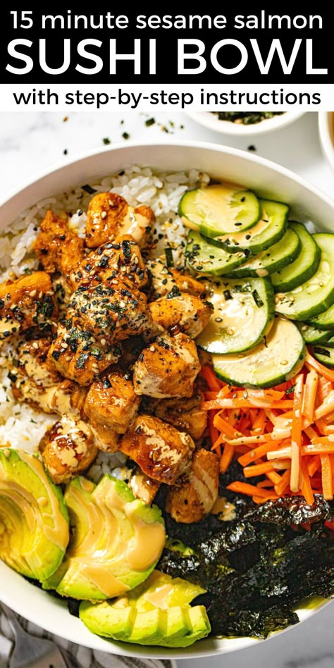 You can have this sesame salmon sushi bowl prepped and ready in just 15 minutes for the perfect quick and easy lunch! It's filled with sesame soy sautéed salmon, tangy pickled veggies, fresh avocado, and roasted seaweed sheets combining all of the delicious sushi flavors you love into a filling bowl. Pickled Veggies Recipe, Salmon Sushi Bowl, Sesame Salmon, Sushi Bowl Recipe, Sushi Bowls, Roasted Seaweed, Sushi Ingredients, Bowl Meals, Salmon Rice Bowl