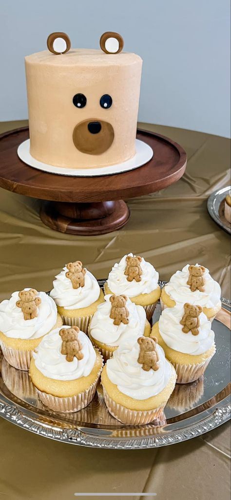 Cupcake With Teddy Graham, Teddy Bear Second Birthday Theme, Teddy Bear One Year Old Birthday Cake, Beary 1st Birthday Party, Beary Sweet Birthday, Teddy Bear 3rd Birthday Party, 1st Bear Birthday Party, Teddy Bear Picnic Cupcakes, One Year Bear Birthday