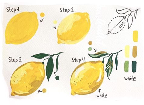 Monday Art Illustrations, Watercolor Inspo Beginner, Watercolor Art Lemon, Water Paint Ideas Easy, Easy Beginner Oil Painting, Oil Pastel Fruit Drawings Easy, Guache Fruit Painting, Simple Lemon Painting, Guache Paintings Easy Ideas