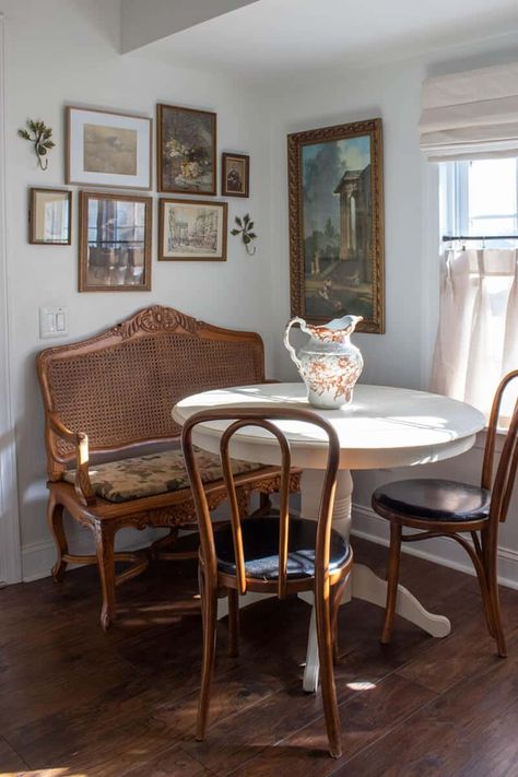 Breakfast Nook Reading Area, Kitchen Table Next To Window, Southern Style Breakfast Nook, Cafe Table Breakfast Nook, Small Cottage Breakfast Nook, Breakfast Nook Repurpose, Breakfast Nook With Loveseat, Small Dining Corner In Living Room, Small Corner Dining Area Ideas