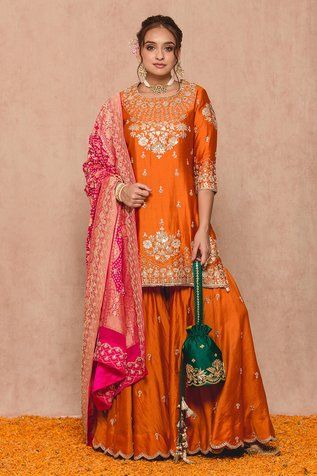 Buy Shian Yellow Georgette Mirror Embroidered Sharara Set Online | Aza Fashions Banarsi Suit Design Indian Style, Orange Sharara, Sharara Suit Designs, Lehenga Ideas, Stitching Styles, Kurta Lehenga, Bandhani Dupatta, Mehndi Outfits, Kurta Sharara Set