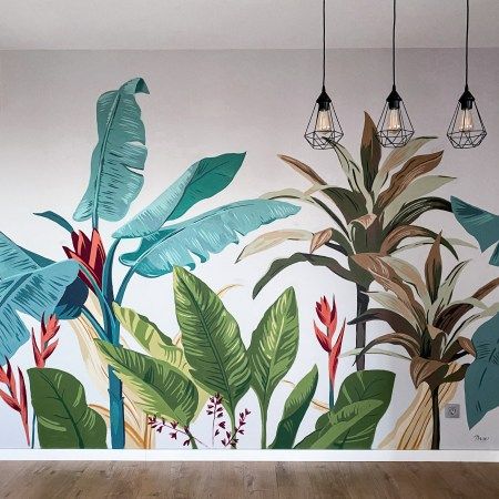 Murales de plantas · Dase Mural Art Tropical, Easy Things To Paint, Botanical Mural, Tropical Mural, Mural Tropical, Jungle Wall Mural, Things To Paint, Canvas Painting Ideas For Beginners, Garden Mural