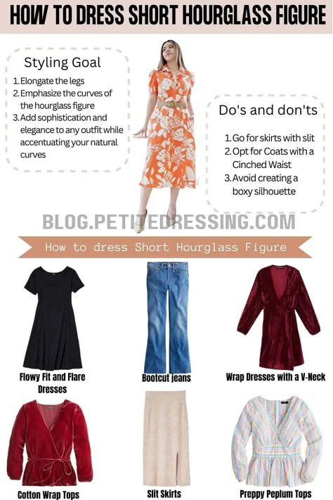 how-to-dress-Short-Hourglass-Figure.webp 1,000×1,500 pixels Short Hourglass, Petite Dressing, Pointy Toe Shoes, Single Breasted Coat, Form Fitting Dress, Mermaid Skirt, Fitted Top, Petite Outfits, Flared Skirt