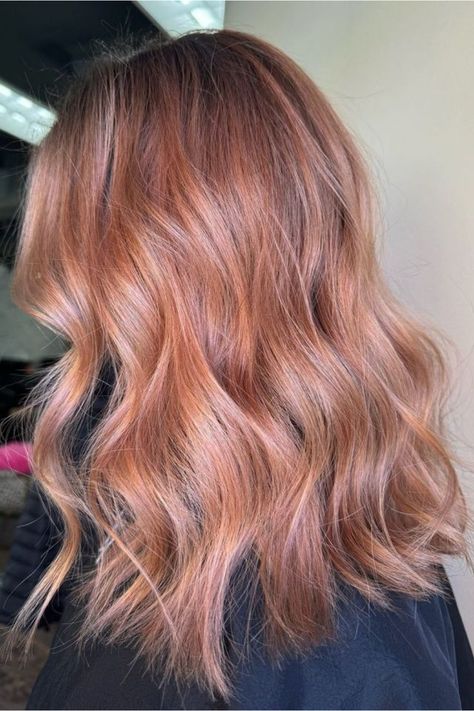 Strawberry Rose Gold Soft Waves Strawberry Brunette Hair Rose Gold, Light Brown Pink Hair, Rose Ombre Hair, Light Rose Gold Hair Blonde, Subtle Rose Gold Hair Brunette, Rose Colored Hair, Rosegold Haircolor, Brown And Pink Hair, Rose Gold Hair Blonde