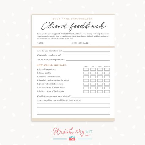 Client Feedback Form Photography Template Feedback Form Design, Feedback Design Ideas, Feedback Form Templates, Customer Satisfaction Survey Template, Wedding Photographer Business Cards, Feedback Template, Appreciation Station, Feedback Design, Form Photography