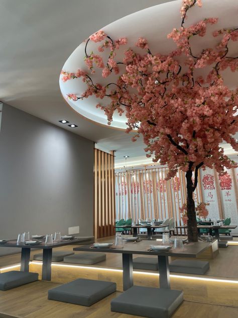 sushi restaurant, sushi, cherry blossom, vibes, lights, pink Modern Japanese Restaurant Design, Vietnam Restaurant, Music For A Sushi Restaurant, Japanese Restaurant Design, Noodle Bar, Sushi Restaurant, Sushi Restaurants, Japanese Restaurant, Restaurant Interior