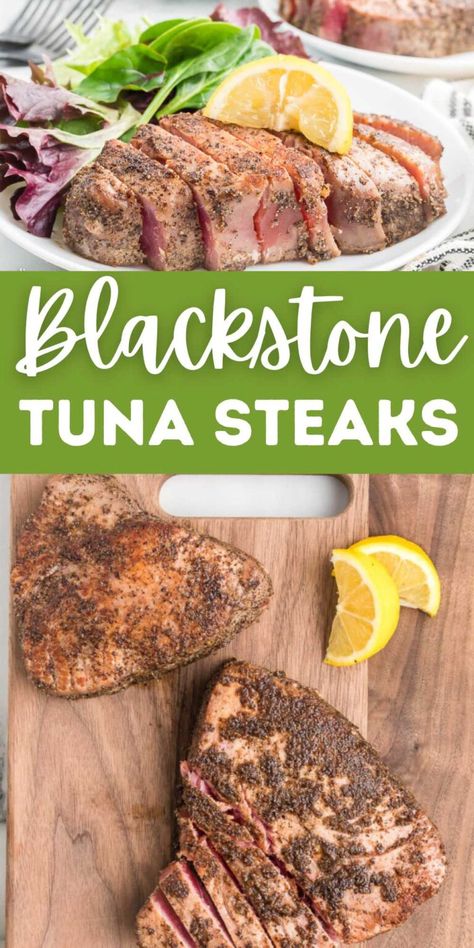 Ahi Tuna On Blackstone, Tuna Steak On Blackstone, Ahi Tuna Steak Recipe Blackstone, Blackstone Tuna Steak, Tuna On Blackstone Griddle, Tuna Steaks On Blackstone, Black Stone Salmon Recipes, Tuna Steaks Cast Iron Skillet, Frozen Ahi Tuna Recipe