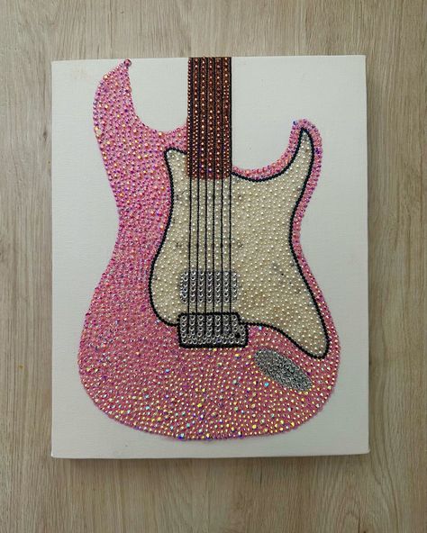 “Pink guitar kit” is available on my website🎸 Diy Diamond Art Pattern, Paintings With Rhinestones, Painting With Diamonds, Canvas Rhinestone Art, Diy Picture Ideas, Decorating Guitar, Gem Canvas Art, Bedazzled Canvas, Guitar Art Project