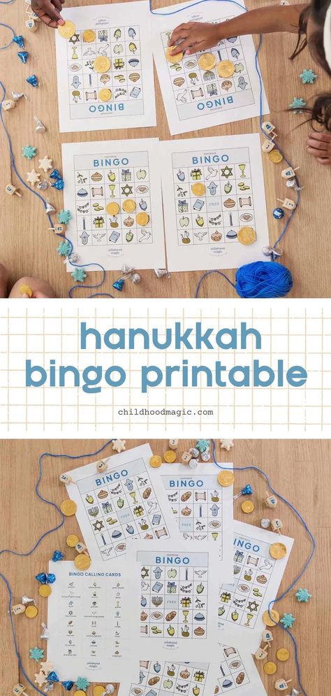 Hanukkah Bingo - A Free Printable Game - Childhood Magic Hanukkah Printables, Hanukkah Game, Hanukkah Ideas, Bingo Calls, Bingo Template, 6th Grade Social Studies, Free Printable Games, Bingo Cards Printable, Science Projects For Kids