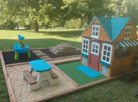 Raised Play Area, Childrens Outdoor Play Area Ideas, Outdoor Patio Play Area For Kids, Playhouse Backyard Ideas, Diy Backyard Play Area Ideas, Swingset Backyard Ideas, Backyard Swingset Area, Play Area Ideas Outdoor, Simple Play Area Outside