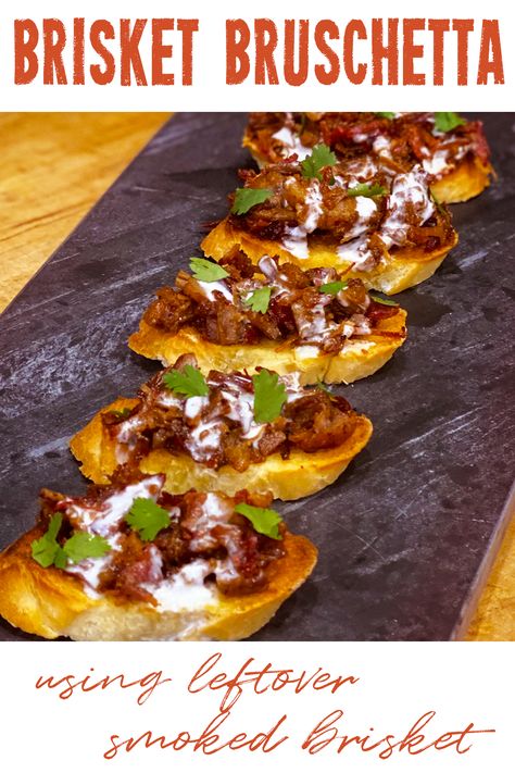 A unique take on the classic bruschetta using leftover brisket. Make it as a striking appetizer or load it up and eat it for a meal. Brisket Finger Foods, Brisket Appetizer Recipes, Beef Brisket Appetizers, Brisket Bruschetta, Brisket Brunch Ideas, Brisket Appetizers, Upscale Bar Food, Brisket Appetizer Ideas, Upscale Appetizers