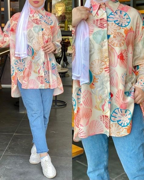 Western Kurtis Design With Jeans, Jeans Kurti Style With Hijab, Kurta Design With Jeans, Western Tops Designs, Hijab Shirt Outfit, Shirt Style Kurti Designs, Kurti With Jeans Outfit Ideas, Shirt Kurti Style, Kurta And Jeans Outfit Women