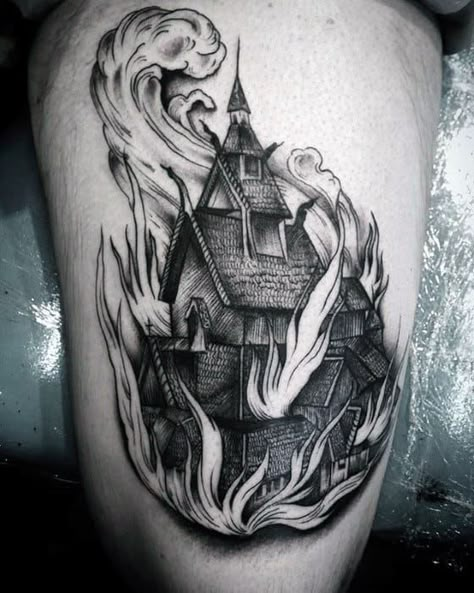 60 Burning Church Tattoo Designs For Men - Flaming Ink Ideas Burning Tattoo, Llama Tattoo, Haunted House Tattoo, Church Tattoo, Burning Church, Castle Tattoo, Goth Tattoo, Witch Tattoo, Fire Tattoo