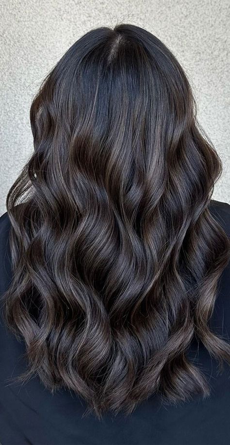 Black Hair Dark Brown Balayage, Brown Hair With Black Shadow Root, Soft Black Balayage, Balayage Hair On Black Hair Short, Dark Chocolate Ombre Hair, Cool Tone Brown Highlights On Black Hair, Coffee Highlights On Dark Hair, Soft Balayage Black Hair, Chocolate Ash Brown Hair Balayage