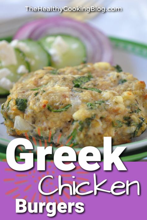 Greek Chicken Burgers - Healthy Easy Diabetic Friendly Meal Greek Chicken Burgers, Chicken Burgers Healthy, Burgers Healthy, Spinach Bread, Chicken Burgers Recipe, Creative Creations, Rotisserie Chicken Recipes, Greek Chicken, Quick Bite