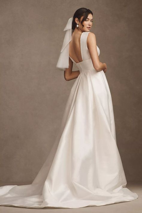 Wtoo by Watters Sami Plunge A-Line Satin Wedding Gown | Anthropologie Petal Veil, Wtoo By Watters, Watters Wedding Dress, Bhldn Bride, Ethereal Elegance, By Watters, Fingertip Veil, Vintage Inspired Wedding Dresses, Satin Wedding Gown