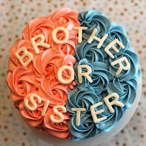 Brother or sister?  Gender reveal cake Brother Or Sister Gender Reveal, Sister Gender Reveal, Pregnancy Cake, Gender Cake, Sibling Gender Reveal, Baby Reveal Cakes, Simple Gender Reveal, Gender Reveal Party Games, Cake Decorating Icing