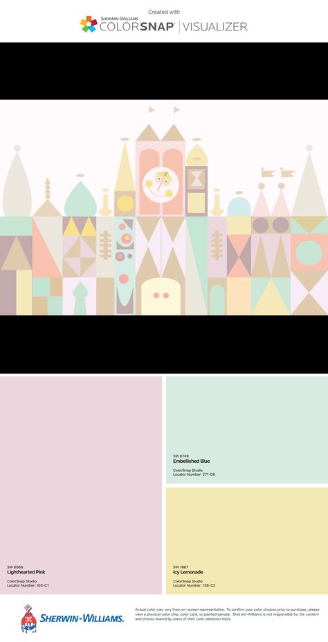 Disney Wallpaper Bedroom, Vintage Disney Color Palette, It's A Small World Nursery, Pastel Disney Nursery, Disneyland Nursery Ideas, Vintage Disneyland Nursery, Disneyland Playroom, Small World Bedroom, Its A Small World Nursery