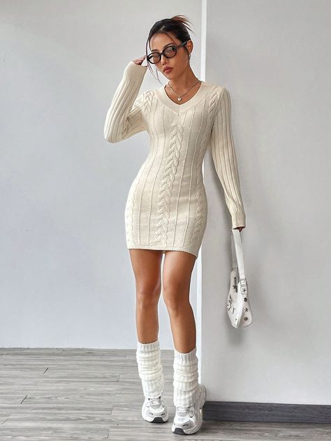 SHEIN EZwear Solid Cable Knit Bodycon Sweater DressI discovered amazing products on SHEIN.com, come check them out! Dress For Autumn, Bodycon Dress Casual, Bodycon Casual, Elegant Evening Gowns, Bodycon Sweater, Bodycon Sweater Dress, Cable Knit Sweater Dress, Short Bodycon Dress, Casual Day Dresses