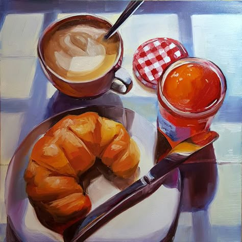 Breakfast Still Life, Brunch Painting, Breakfast Painting, Croissant Painting Acrylic, Painting Of Food On Table, Cafe Oil Painting, Toast Oil Painting, Breakfast Oil Painting, Still Life Breakfast Painting