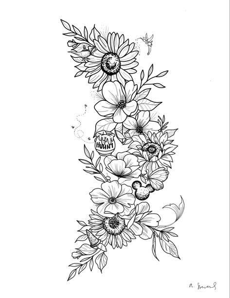 Floral Disney Inspired Tattoos Ideas, Creative Flower Tattoos, Floral Tattoo Ideas Female, Back Tattoo Women Floral, Pretty Disney Tattoos, Disney Tattoos Stitch, Tattoo Ideas Floral Simple, Funny Disney Tattoos, Tiana Tattoo Ideas