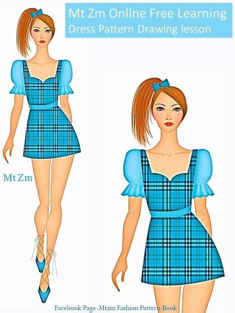 Digital Fashion Illustration Dress Style Check Dress Drawing, Check Print Dress Illustration, Check Dress Illustration, Simple Dress Illustration, Dress Illustration Design, Designing Dress, Illustration Dress, Bride Fashion Illustration, Illustration Poses