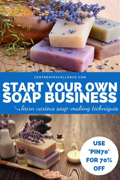 USE "PIN70" FOR 70% OFF YOUR FIRST COURSE! Soap Making Business Audio Course | How To Make Soap | Do you want to learn how to make your own soap and start your own business? Explore the different fragrance notes and how to use them in your soap creations; you will also be advised on the best botanicals to include. Click here to start your course today! Centre of Excellence | Soap Making | Handmade Soap | Starting a Business | Soap DIY | Homemade Soap #soap #crafts #business Soap Making Business, Craft Fair Table, Soap Colorants, Candle Making Business, Soap Maker, Business Startup, Soap Recipes, Diy Soap, Diy Homemade