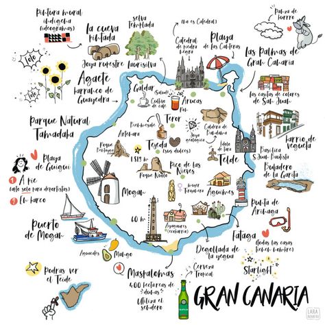 Mapa ilustrado de Gran Canaria. Gran Canaria Outfits, Grand Canaria, Travel Infographic, Travel Capsule, Travel Wishlist, Barcelona Travel, Budget Travel Tips, Portugal Travel, Canary Islands