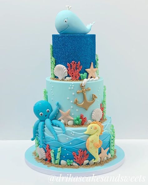 Under the sea cake ! : : : : : . . . . . . . . . . . . . . . . #undertheseacake#undertheseaparty#underthesea… Sea World Cake, Under The Sea Fondant Cake, 3 Rd Birthday Cake, Sea Animal Cake Ocean Themes, Under The Sea Birthday Cake Boy, Sea Creature Birthday Cake, Sea Life Cake, Sea Animal Cake, Sea Cakes Birthday